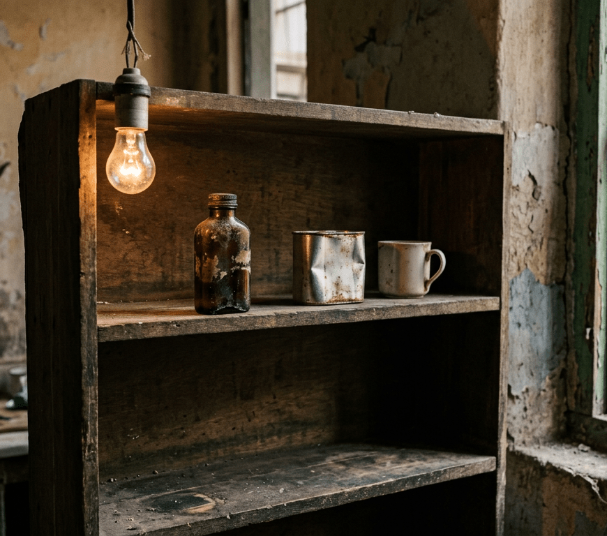 Weathered wooden shelf with bottle, metal cup, mug, and glowing bulb