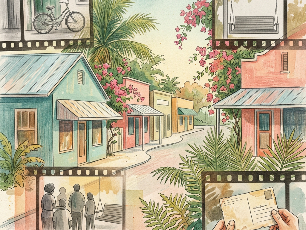 Illustrated tropical village with filmstrips showing bicycles, swings, families, and postcards