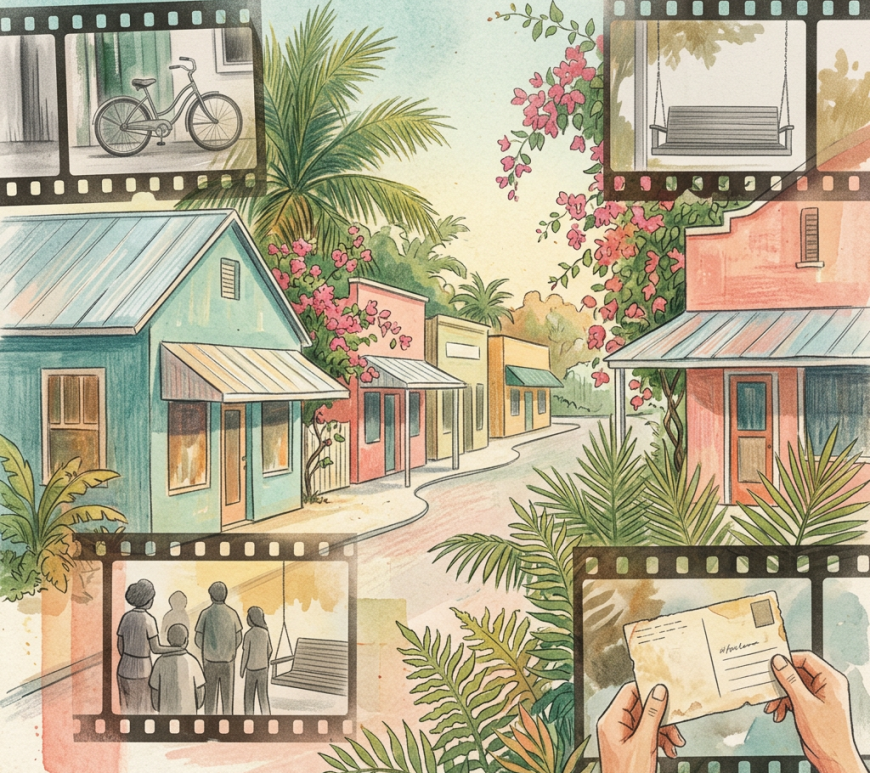 Illustrated tropical village with filmstrips showing bicycles, swings, families, and postcards