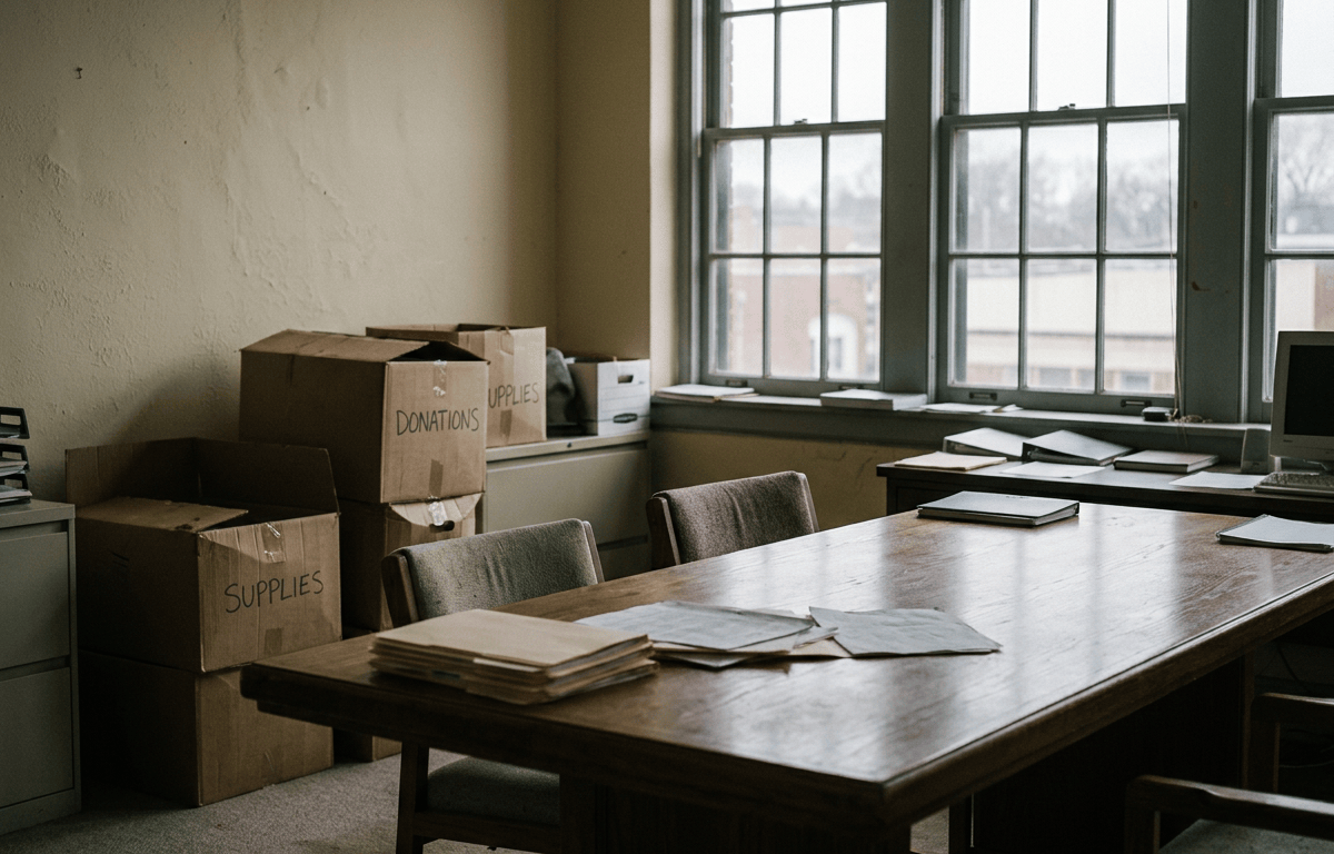 Office with boxes labeled donations and supplies beside a table covered in paperwork