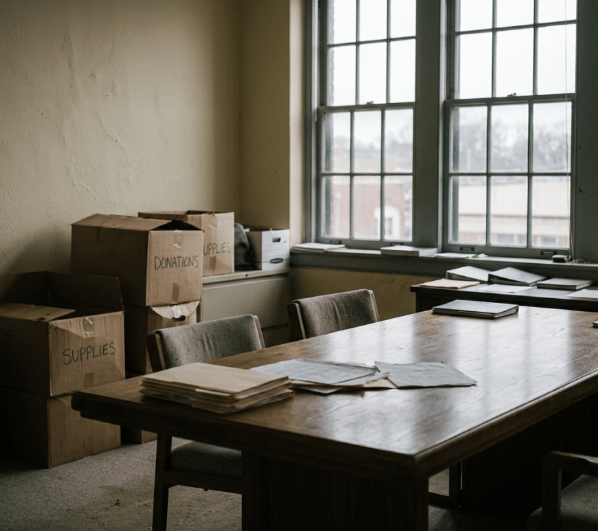 Office with boxes labeled donations and supplies beside a table covered in paperwork