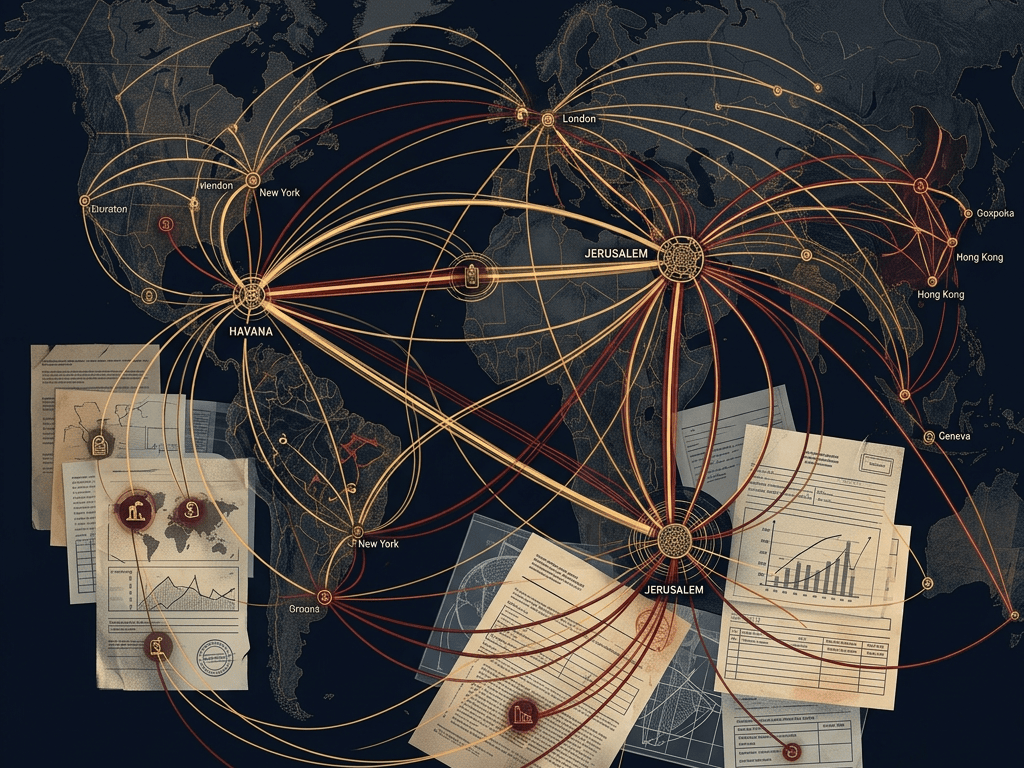 World map showing interconnected trade routes between global cities