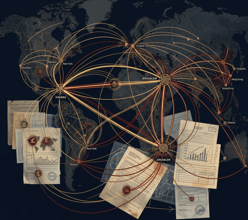 World map showing interconnected trade routes between global cities