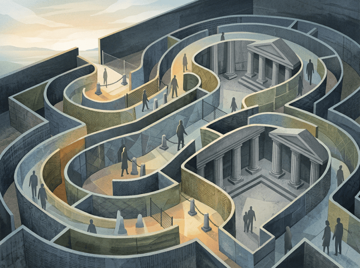 Illustration of winding museum pathways surrounding two classical columned temples