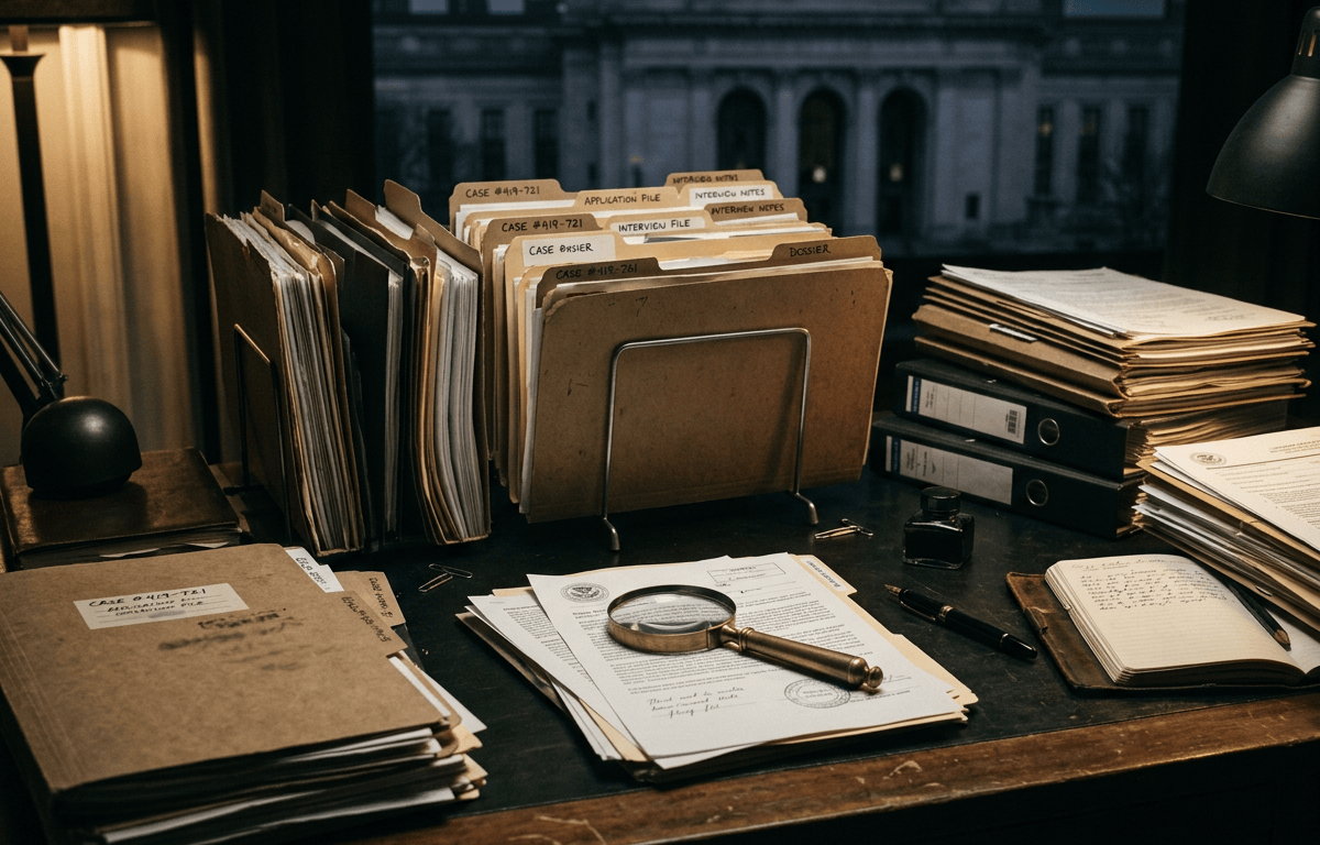 Case files labeled application file and interview file beside documents and magnifying glass