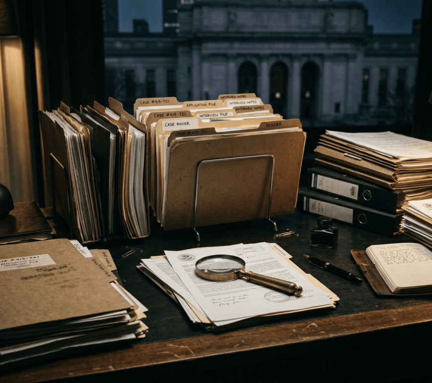 Case files labeled application file and interview file beside documents and magnifying glass