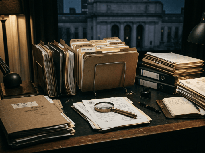 Case files labeled application file and interview file beside documents and magnifying glass