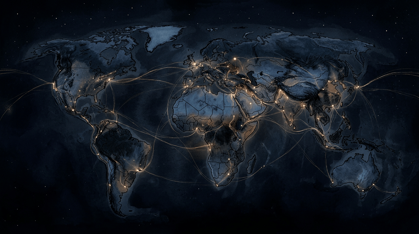 Dark world map with glowing routes connecting cities across continents