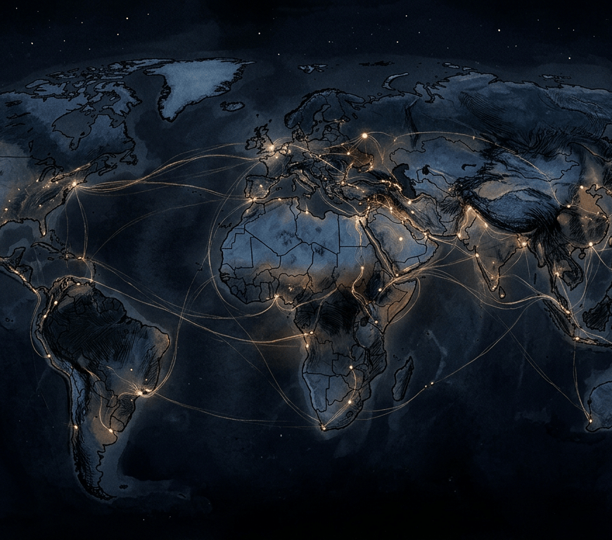 Dark world map with glowing routes connecting cities across continents