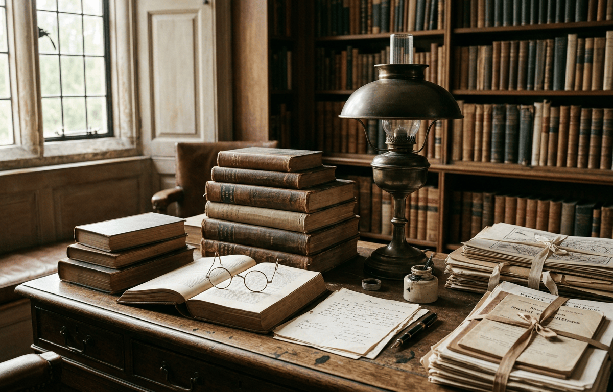 Antique desk with stacked books, open manuscript, spectacles, oil lamp, and library shelves