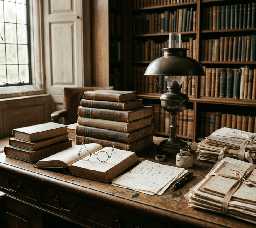 Antique desk with stacked books, open manuscript, spectacles, oil lamp, and library shelves