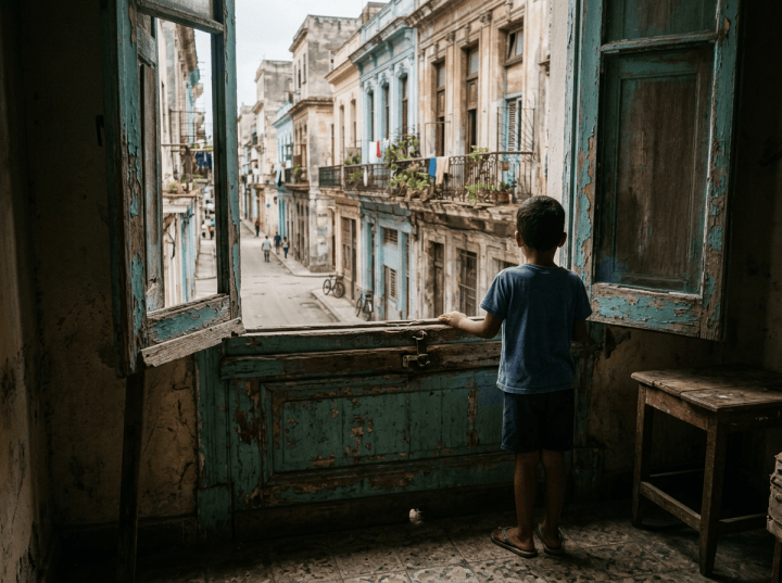 Child looking through a weathered turquoise window at a historic city street