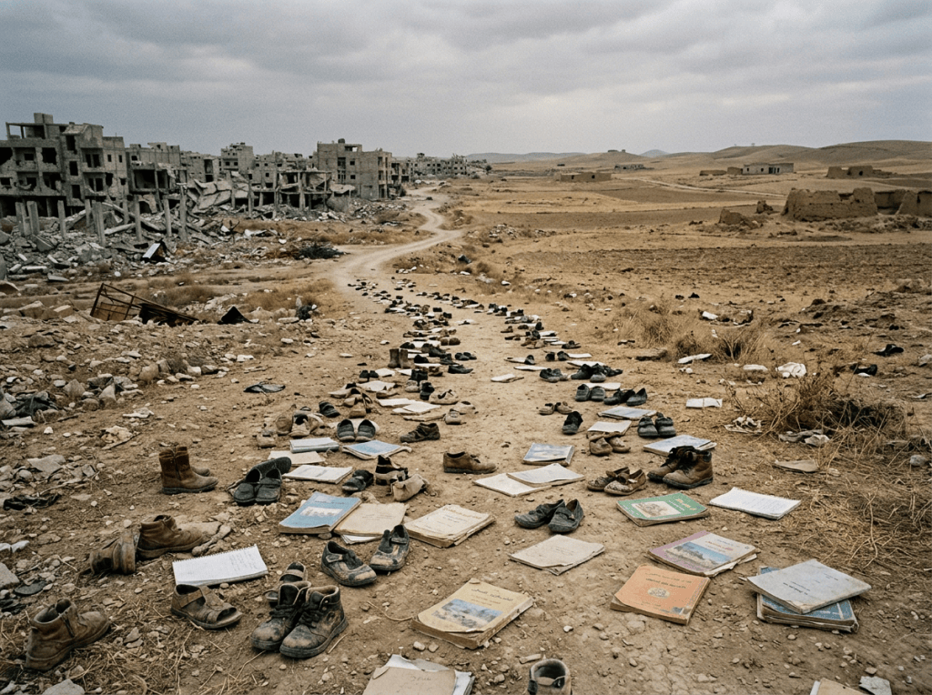 Abandoned shoes and books scattered along a dirt road beside ruined buildings
