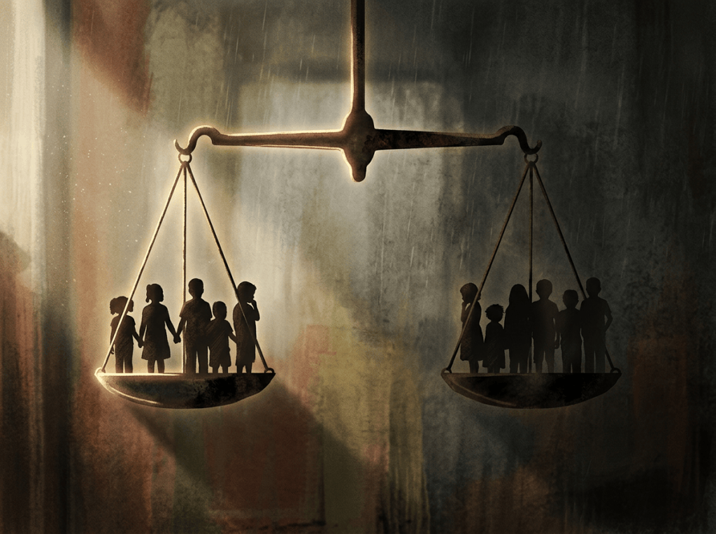 Balance scale holding silhouetted groups of children on both sides