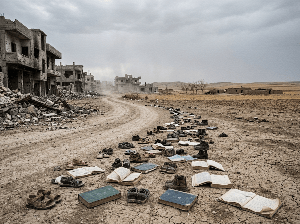 Books and shoes scattered on a cracked road beside ruined buildings