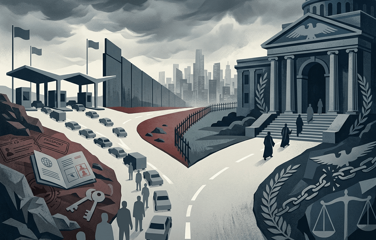 Symbolic roads connect a border checkpoint, courthouse, passports, and justice scales