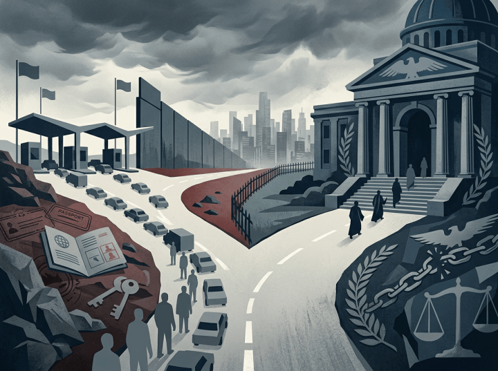Symbolic roads connect a border checkpoint, courthouse, passports, and justice scales