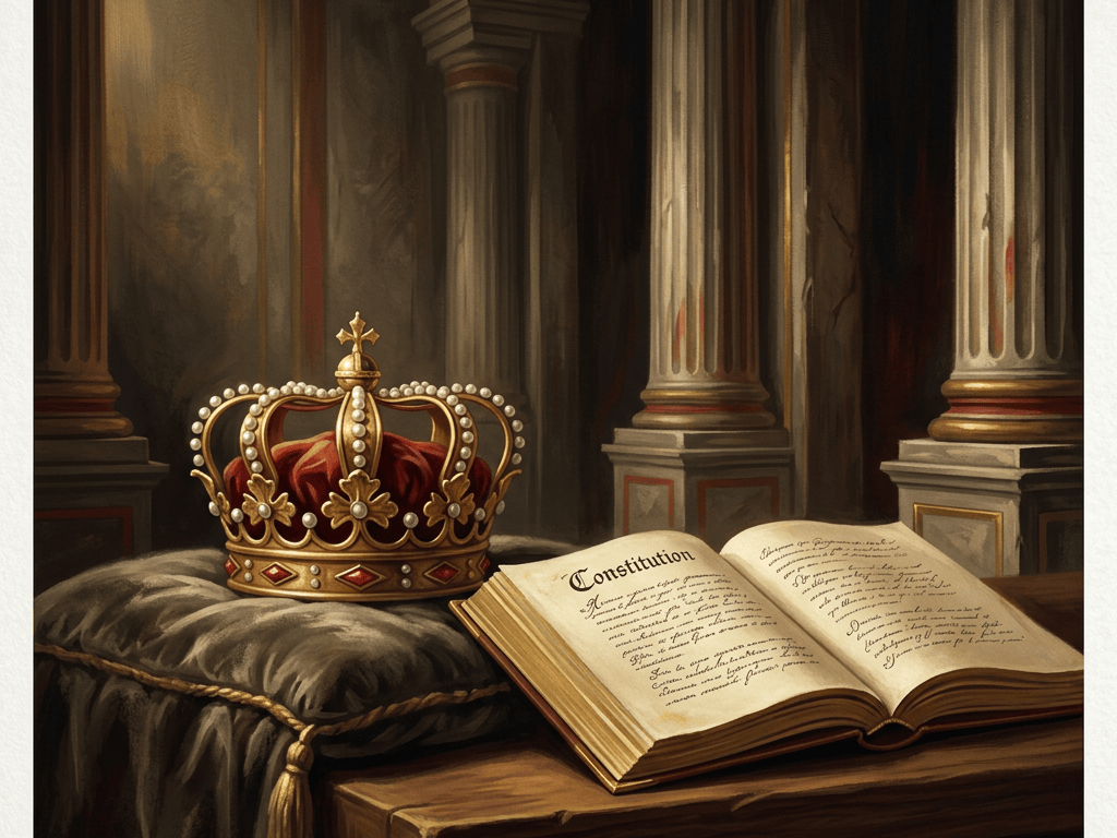 Jeweled crown beside an open book labeled “Constitution”