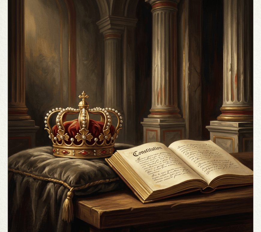 Jeweled crown beside an open book labeled “Constitution”