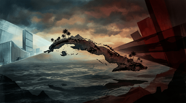 Surreal tropical island floating above ocean between city buildings and storm clouds