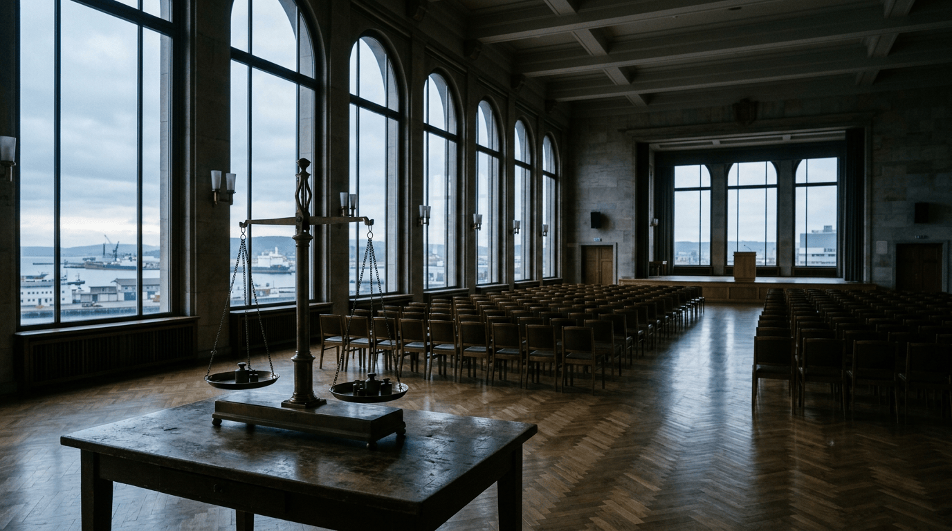 Empty historic courtroom with balanced scales, rows of chairs, and harbor views