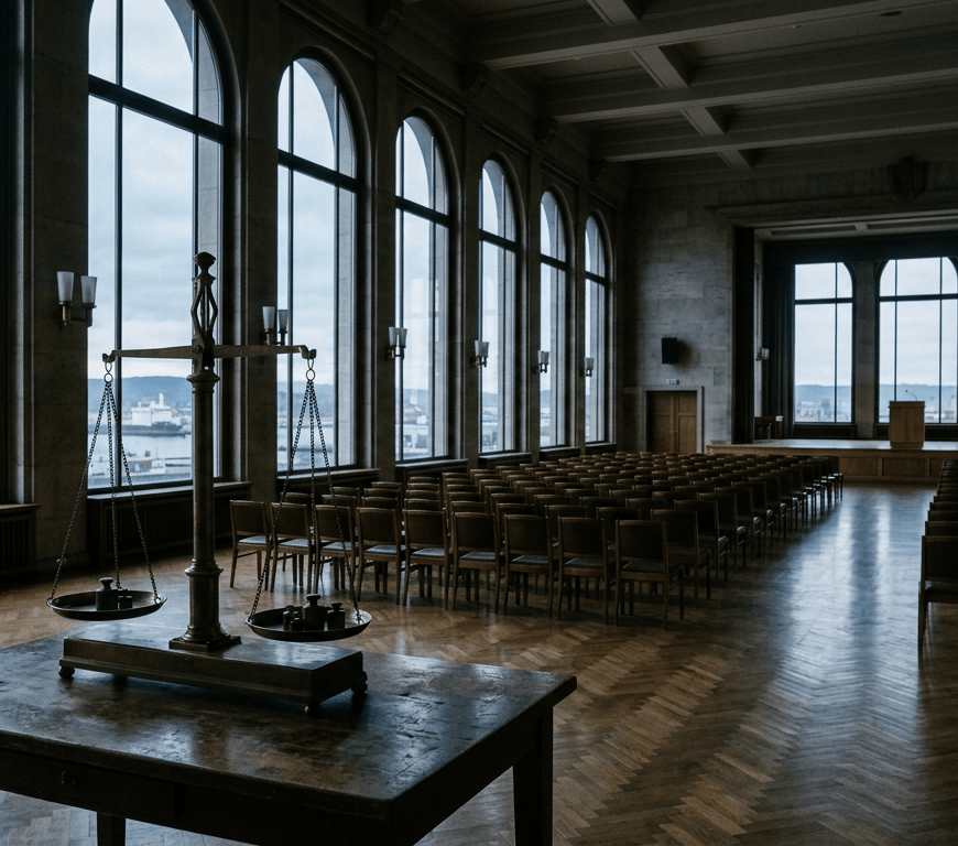 Empty historic courtroom with balanced scales, rows of chairs, and harbor views