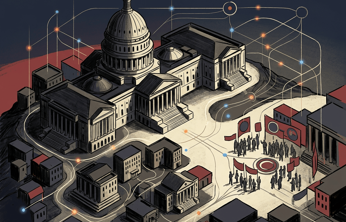 Illustrated government buildings connected by glowing lines around public gatherings