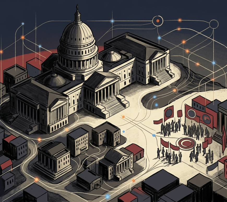 Illustrated government buildings connected by glowing lines around public gatherings