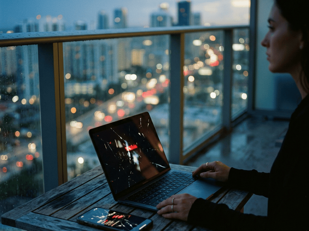 Person using a laptop and smartphone on a balcony overlooking a city at dusk