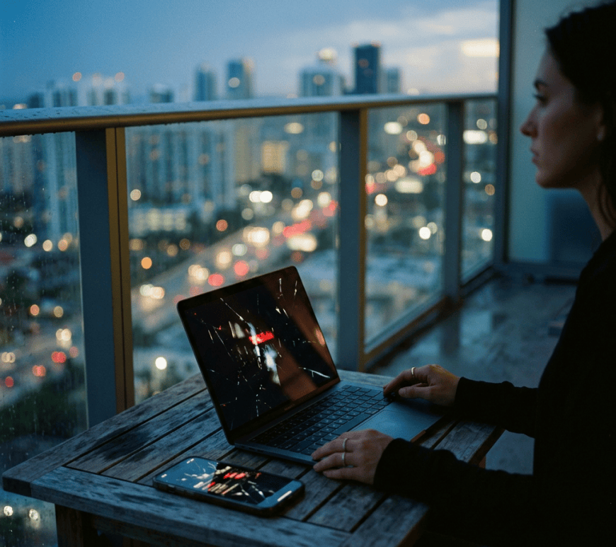 Person using a laptop and smartphone on a balcony overlooking a city at dusk