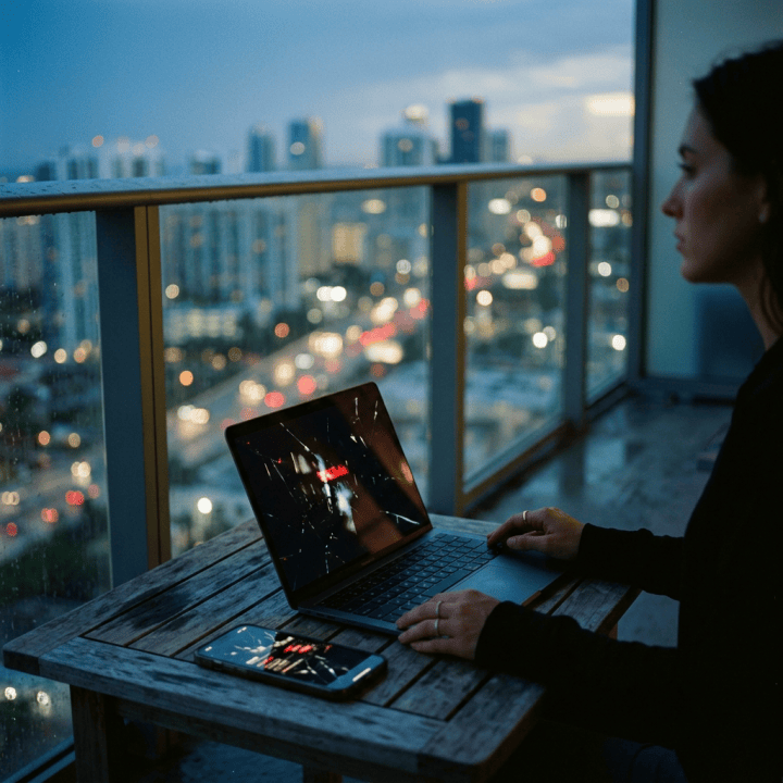 Person using a laptop and smartphone on a balcony overlooking a city at dusk