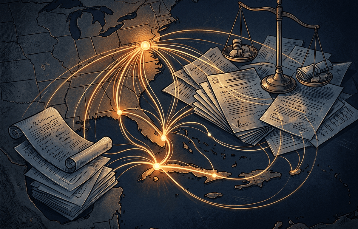 Illustrated map linking North America and the Caribbean with glowing routes, papers, coins, and scales