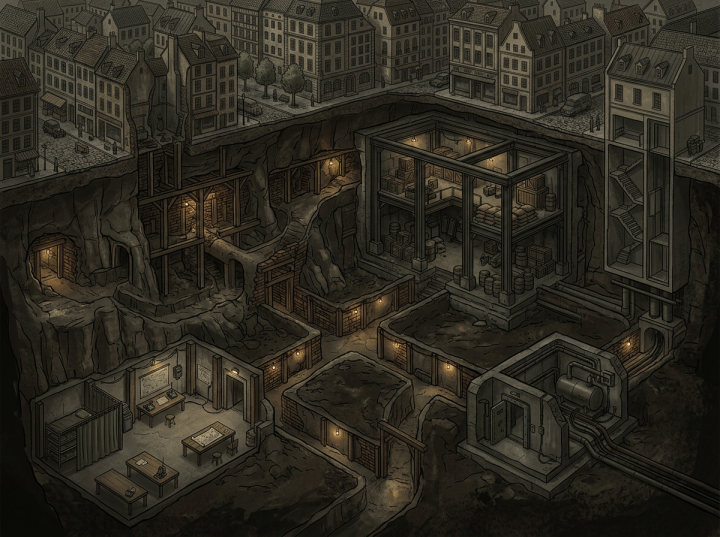 Cutaway city showing underground tunnels, rooms, warehouse, and lit passageways