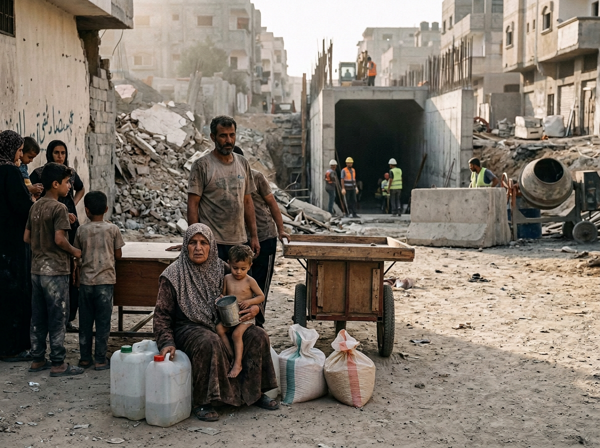 Community aid amid urban reconstruction Residents with aid supplies beside rubble, construction workers, and an Arabic sign reading مركز مساعدات المحبة نقطة الإمدادات