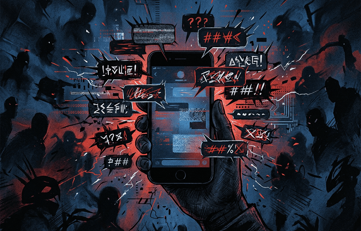 Hand holding smartphone surrounded by shadowy figures and warning symbols
