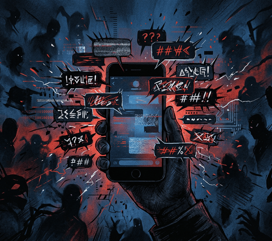Hand holding smartphone surrounded by shadowy figures and warning symbols