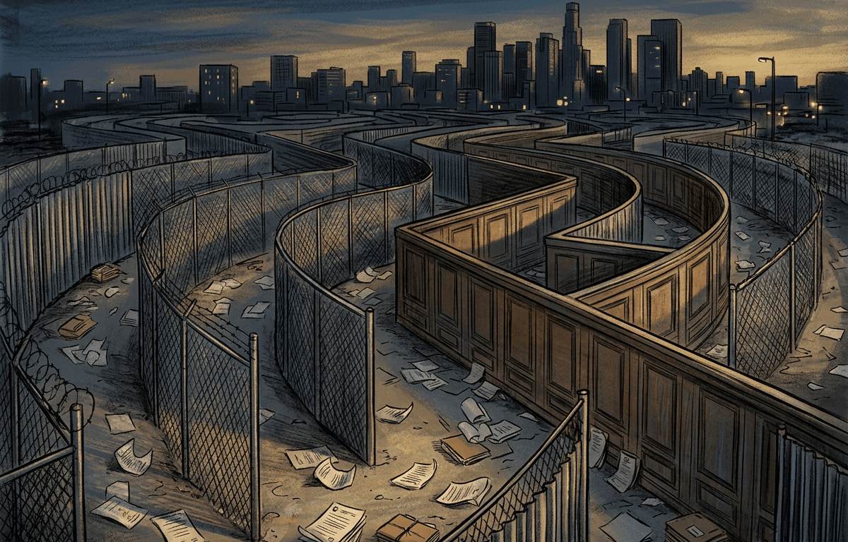 Winding fenced maze with scattered papers and city skyline at dusk