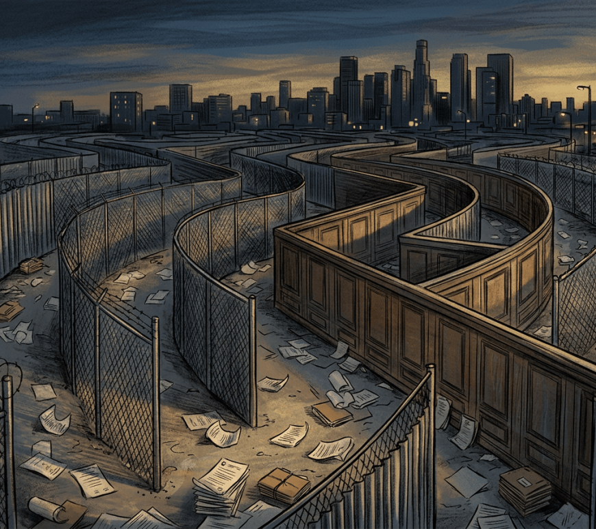 Winding fenced maze with scattered papers and city skyline at dusk