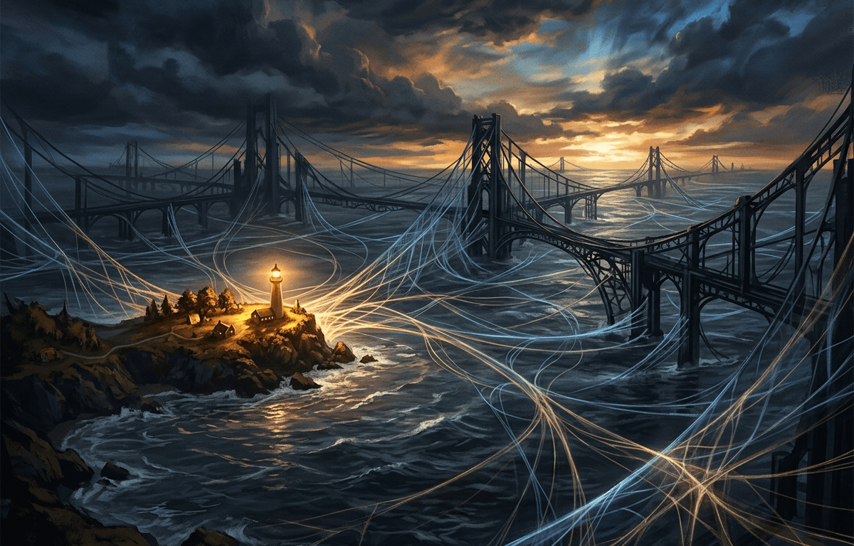 Lighthouse beside multiple suspension bridges over a stormy sea