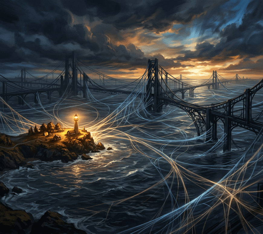 Lighthouse beside multiple suspension bridges over a stormy sea