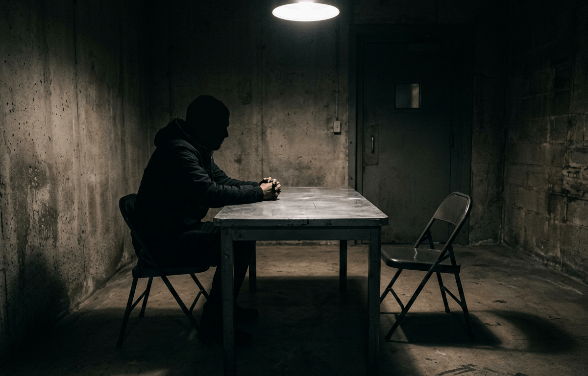 Silhouetted person sitting alone at a table in a dim concrete room
