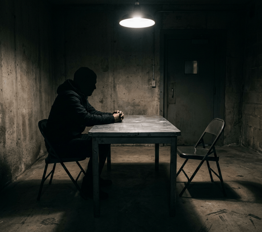 Silhouetted person sitting alone at a table in a dim concrete room