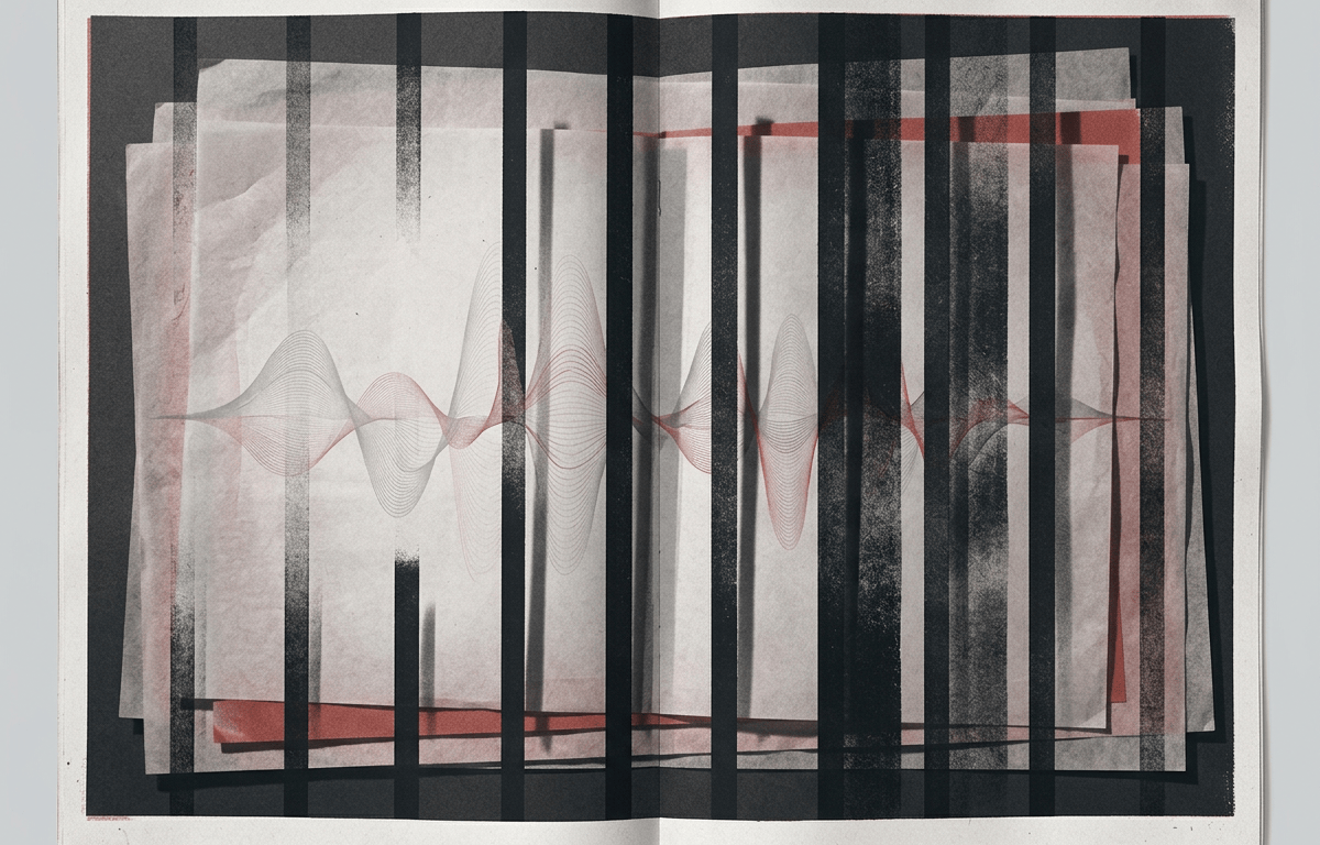 Abstract open book with dark bars and red soundwave
