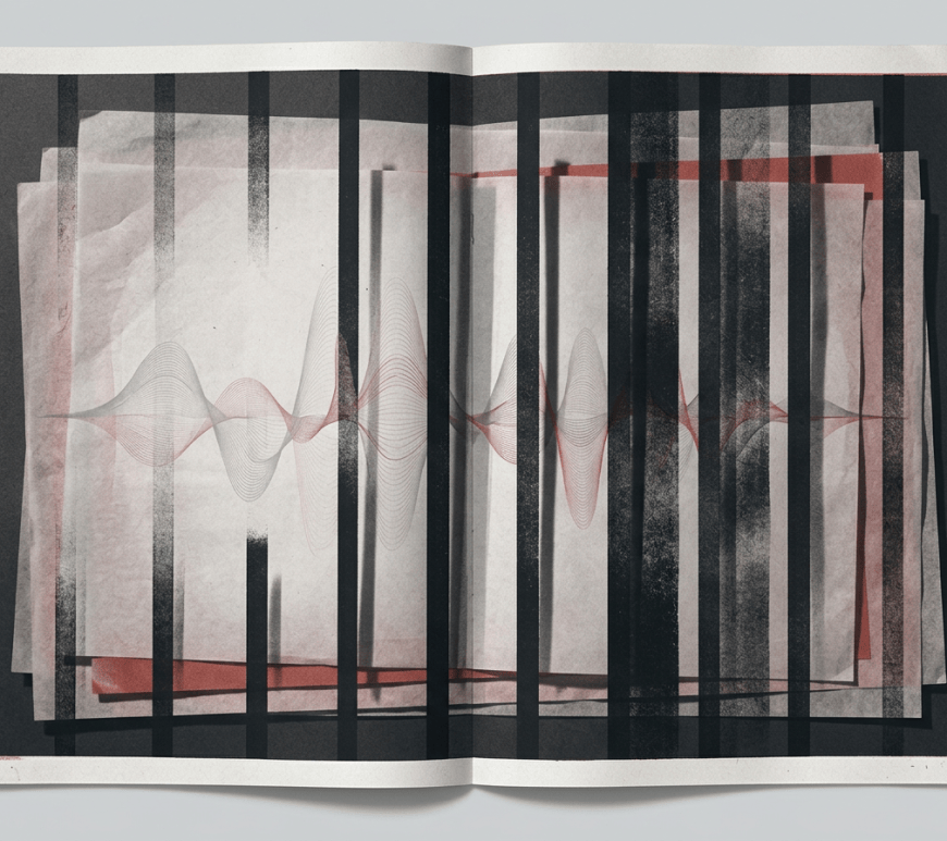 Abstract open book with dark bars and red soundwave
