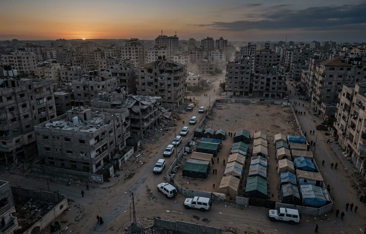 Tent camp with UN vehicles amid damaged buildings at sunset