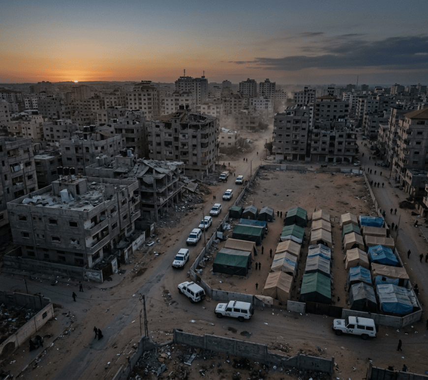 Tent camp with UN vehicles amid damaged buildings at sunset