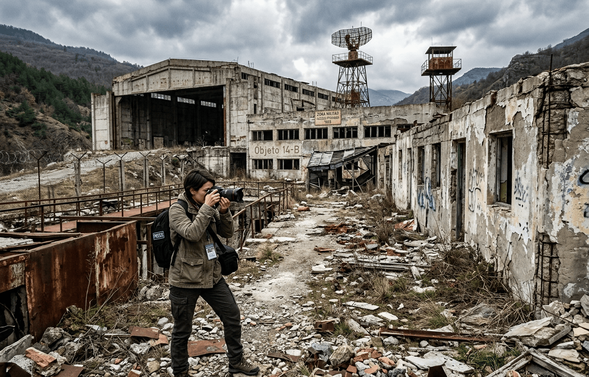 Photographer documenting ruins of an abandoned military facility in the mountains