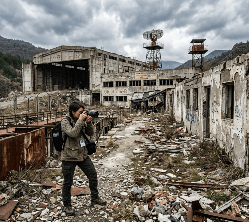 Photographer documenting ruins of an abandoned military facility in the mountains