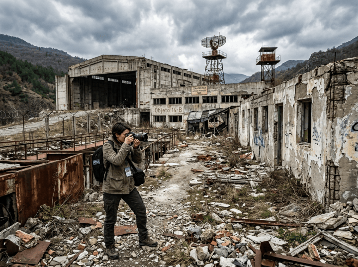 Photographer documenting ruins of an abandoned military facility in the mountains