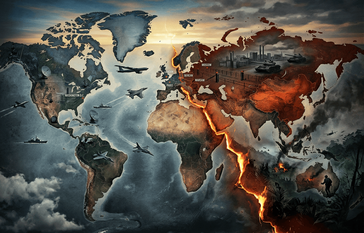 World conflict map labeled Washington D.C., London, Paris, Berlin, Moscow, and Warsaw, with aircraft, tanks, and fiery divide.